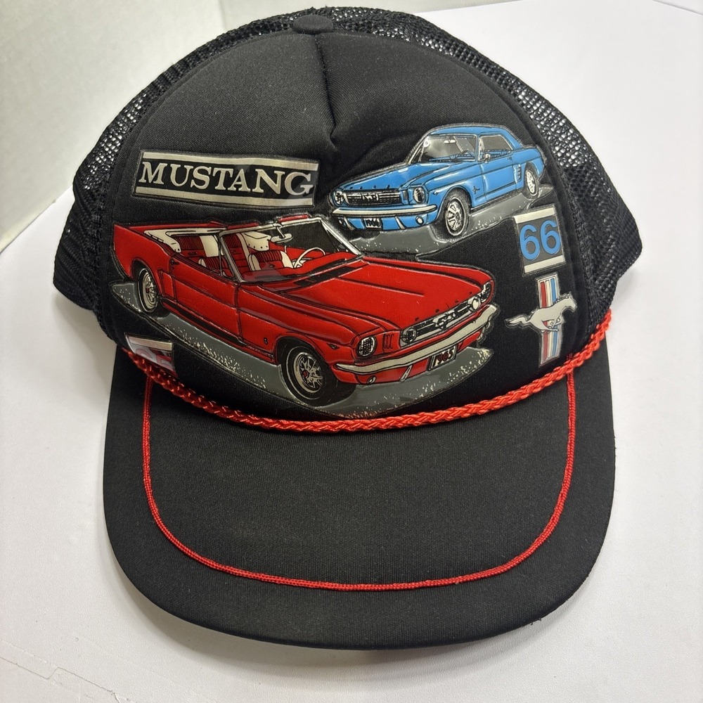 Vintage Ford Mustang Black Trucker Hat Cap‎ 65 66 Red Rope Trim